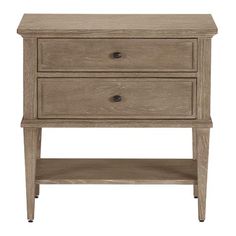 a wooden night stand with two drawers on one side and an open drawer on the other