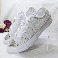 Perfect For A Wedding Or Special Occasion #Wedding #Bridal #Bridalshoes #Converse #Neverworn (Price Not Firm) Wedding Sneakers For Bride, Bride Shoe, Rhinestone Converse, Shoes Decor, White Converse Shoes, Color Converse