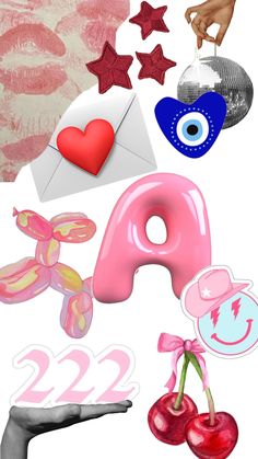 a collage of pink and blue items including an envelope, heart, eyeball, cherry, star