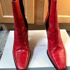 Red And Black Escada Boot With Silver Heel Size 9 Silver Heel, Red Boots, Silver Heels, Cherry Red, Red And Black, Boots Booties, Black Red, Bootie Boots, Ankle Boots