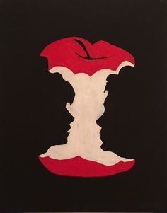 an abstract painting with red, white and black colors on a black background that looks like two faces