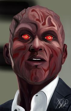 an image of a man with red eyes and blood on his face, wearing a suit