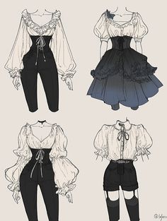 four different types of clothes with long sleeves and high waist, one in black and the other in white