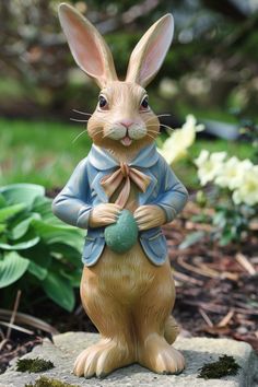 a statue of a rabbit holding a green ball in its paws and standing on a rock