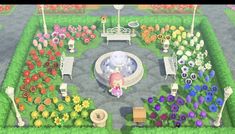 an animal crossing game is shown in the middle of a garden with flowers and benches