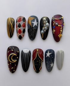 Circus Nails, Ongles Goth, Nails Star, Nail Long, Almond Press On Nails, Nails Hand Painted, Custom Press On Nails, Long Stiletto, Goth Nails