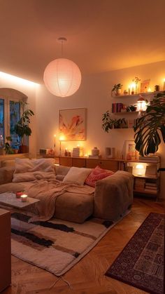 a living room filled with furniture and lights