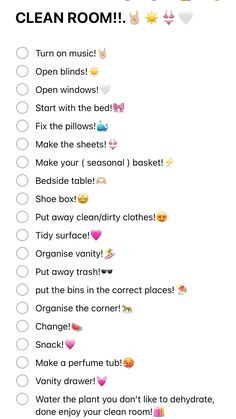 Mine!! #checklist#summer#preppy#tips#schedule How To Clean Your Room Preppy, Tips On How To Keep Your Room Clean, Sleep Over Checklist, How To Clean A Bedroom, Clean Bedroom List, Clean Room Steps, Productive Things To Do In Free Time, Cleaning Motivation Bedroom, Preppy Schedule