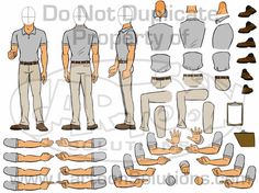 an animation character is shown with different poses and body parts, including the arms, legs,