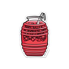 a sticker with a red plastic jar filled with liquid and ice cubes on it