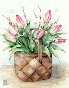 a watercolor painting of pink flowers in a basket