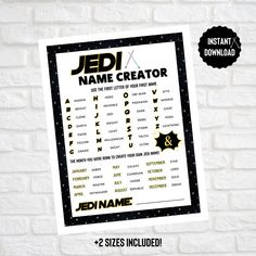 the star wars character name generator is displayed on a white brick wall with black and yellow accents