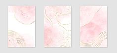 three pink and gold abstract paintings on a white wall, each with a different color scheme