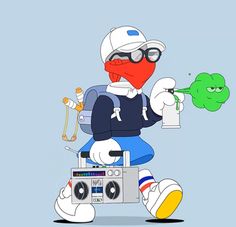 the cartoon character is playing with an old radio and holding a green object in his hand