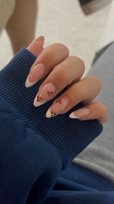 French Nails With Cherry Design, Cherry On French Nails, Gel Nail Designs Cherry, Simple French Tip With Design, French Tip And Cherry Nails, Acrylic Nail Designs Cherry, White French Cherry Nails, Cherry Acrylic Nail Designs, Simple Red Design Nails