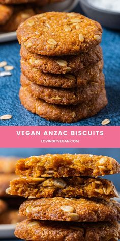 vegan anzac biscuits stacked on top of each other with text overlay reading vegan anzac biscuits