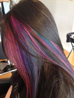 Black hair, rainbow stripes, colorful highlights Brown Hair Ombre Purple, Brown Hair Blue Highlights, Peek A Boo Hair Color, Peek A Boo Hair, Blue Brown Hair