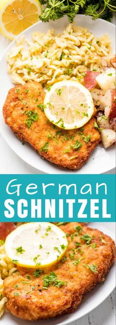 german schnitzel with lemons, onions and pasta on a white plate