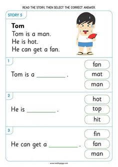 a worksheet with the words tom and an image of a boy reading a book