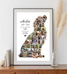 a dog's photo collage in the shape of a map with names and pictures