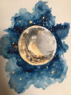 a painting of the moon and stars in the night sky with blue watercolors