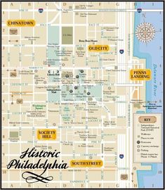 a map of the historic philadelphia area, with some buildings and streets in yellow on it