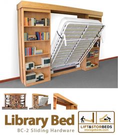 the bed is made out of bookshelves and shelves