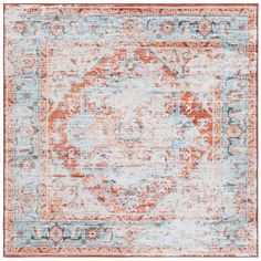 an orange, blue and white rug on a white background with lots of light colored details