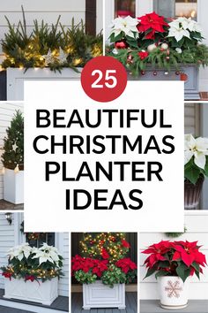 Rectangle Winter Planters, Front Door Planters Christmas, Urn Planters Front Door Christmas, Poinsettia Pot Ideas, Outside Planters For Christmas, Diy Christmas Planter Ideas, Potted Christmas Tree Outdoor, Christmas Outdoor Flower Pot Ideas, Christmas Pots Outdoor