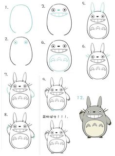 step by step drawing instructions for totoro and other cartoon characters, including an egg