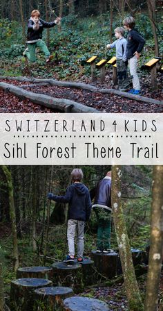 children playing in the woods with text overlay that reads, switzerland 4 kids's shl forest theme trail