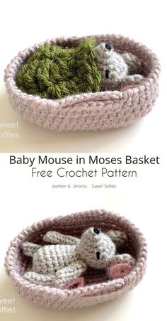 two crocheted baskets with stuffed animals in them and the text baby mouse in moss basket free crochet pattern