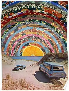 an image of a car parked in front of a colorful tunnel that looks like it's made out of paper