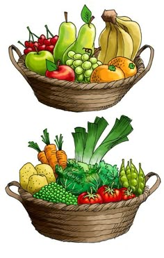 two baskets filled with different types of fruits and veggies on each basket are shown