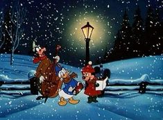 goofy and donald in the snow at night with a lamp post behind them, as if it's christmas