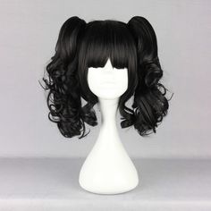 Short Black Pigtails, Short Curly Pigtails, Short Pigtails With Bangs, Shoulder Length Ponytail, Short Pigtails, Black Pigtails, Curly Pigtails, Pigtail Wig, Harajuku Wigs