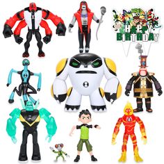 the action figures are all different colors and sizes