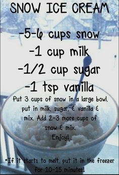 a bowl filled with food sitting on top of a table next to a snow covered window