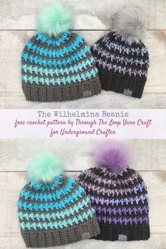 two crocheted hats with pom - poms are shown in three different colors