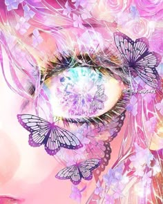 a woman's eye with butterflies around her and pink flowers in the foreground