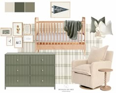 a baby's room is shown with green and white decor, including a crib