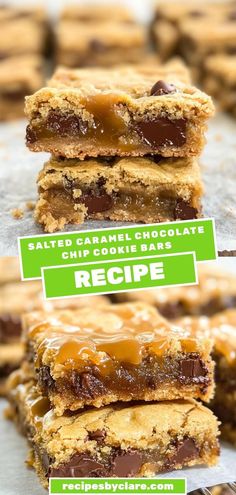 chocolate caramel cookie bars stacked on top of each other