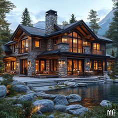 a large house with lots of windows next to a body of water and mountains in the background