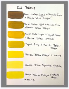 some yellow and brown paint samples on a white paper with the words coal yellows