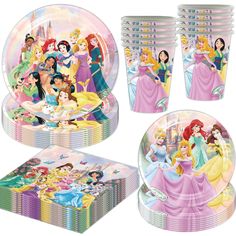 disney princess party supplies including plates, cups and napkins with images of the characters