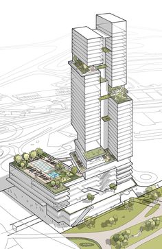 an architectural drawing of two tall buildings on top of a green area with trees in the foreground