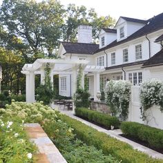 a white house with lots of plants in front of it and some bushes on the side