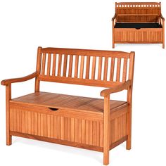 a wooden bench with storage underneath it and another bench below that has a cushion on the seat