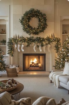 a living room decorated for christmas with stockings on the fireplace and stockings hanging from the mantle