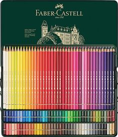 faber - castel colored pencils are in a metal box with the title faber castell